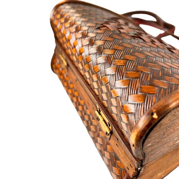 Vintage Wooden & Woven Leather Handbag Purse Brass Latch Hinges Straps - Picture 5 of 16